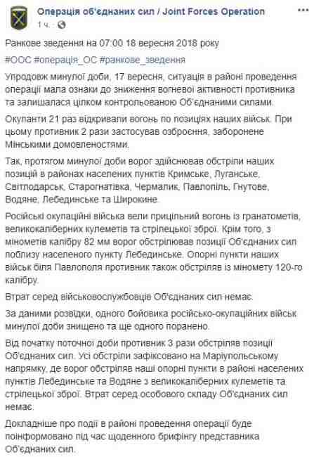 Боевики за сутки 21 раз открывали огонь по позициям украинских военных на Донбассе